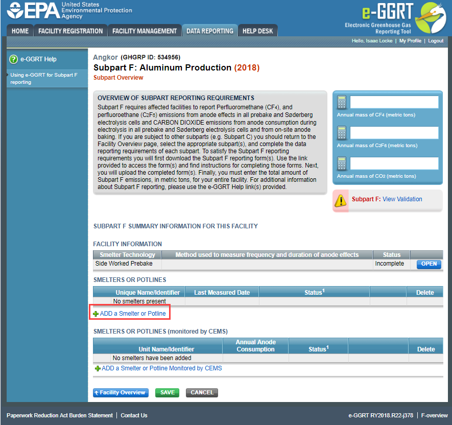 Subpart F: Click the ADD a Smelter or Potline link